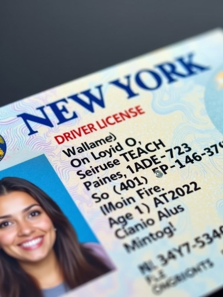 New York driver's license shown clearly. Displays age information, date of birth, identification details. Functions as a legal identification document in the US.