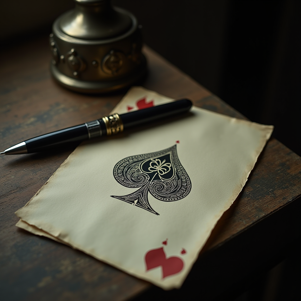 A decorative paper with an intricate spade design lies next to a black pen on a wooden table.