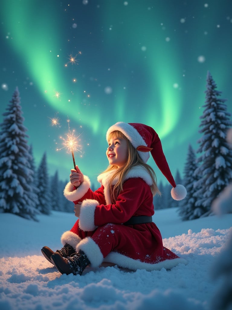 A girl elf sits in a snowy North Pole. Northern lights shine in the distance. She holds a glowing wand. The wand spells out a message for Halle.