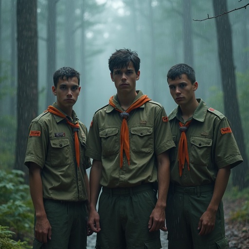 Three boy scouts stand in rain inside misty forest. They wear army speedos. Expressions show fear. Body language indicates coldness. Background includes trees and rain. Mood appears tense and dramatic.