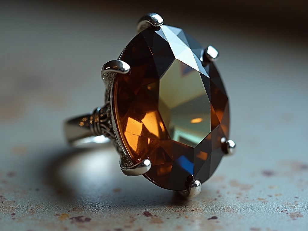 This image depicts a striking silver ring featuring an intricately cut gemstone. The gemstone is large and multifaceted, displaying a range of colors that include deep browns and hints of green and blue. The silver band of the ring is sleek and polished, leading to a decorative, claw-like setting that enhances the overall design. The ring is presented on a contrasting background, allowing its details to stand out. This piece appears to be both elegant and bold, making it a unique accessory.