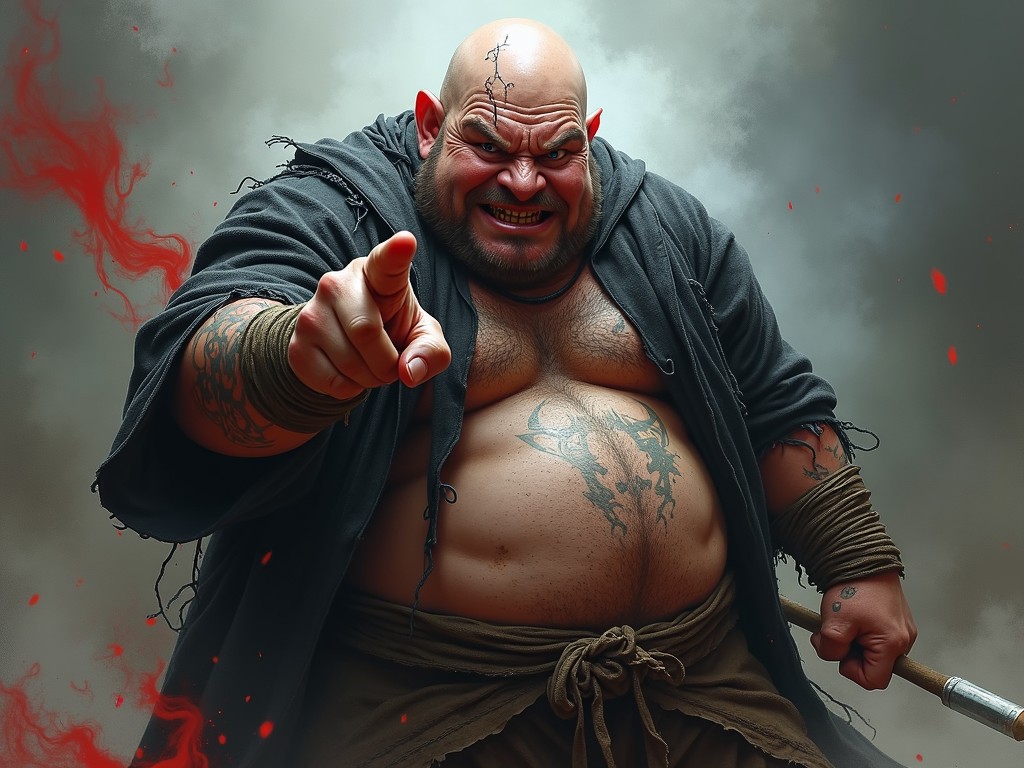 This dynamic illustration features a fierce, bald man with tattoos and a menacing expression pointing towards the viewer. His attire blends elements of an ancient warrior with modern flair, highlighted by a dark cloak. Smoke and red embers swirl around, adding to the intense atmosphere, creating a sense of impending action and mystery.