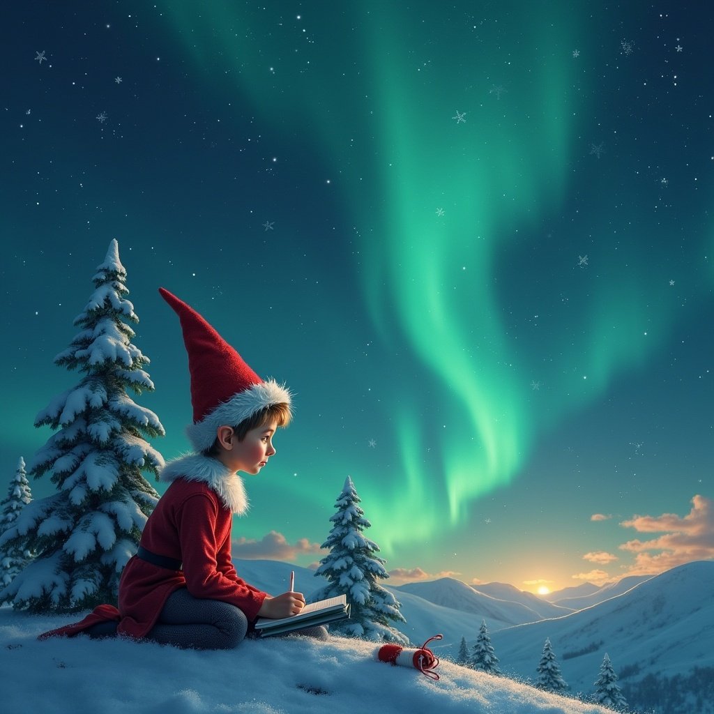 Child in an elf costume writes in a book while observing northern lights. Snowy landscape with evergreens and a sunset backdrop.