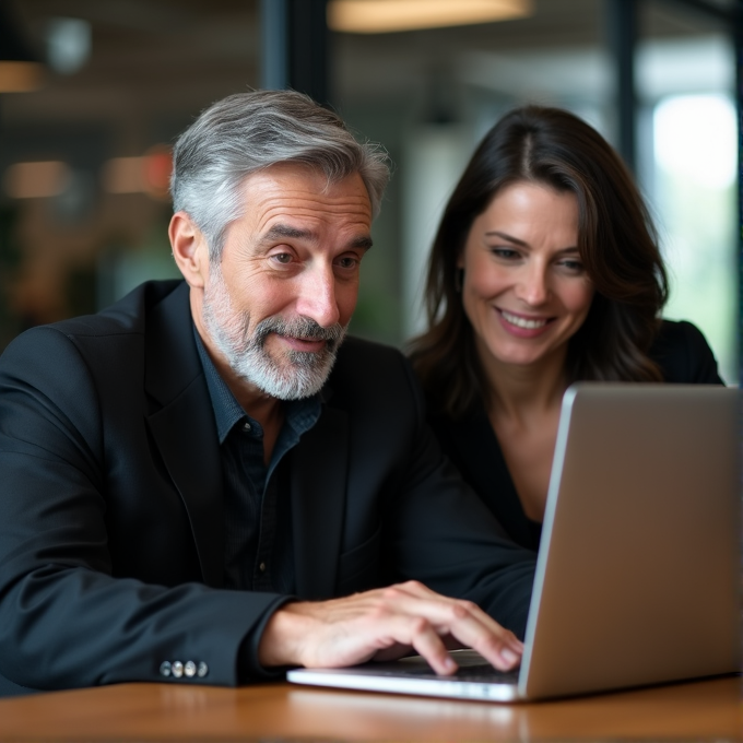 A man and a woman, both in formal attire, are happily working together on a laptop in a bright office setting.