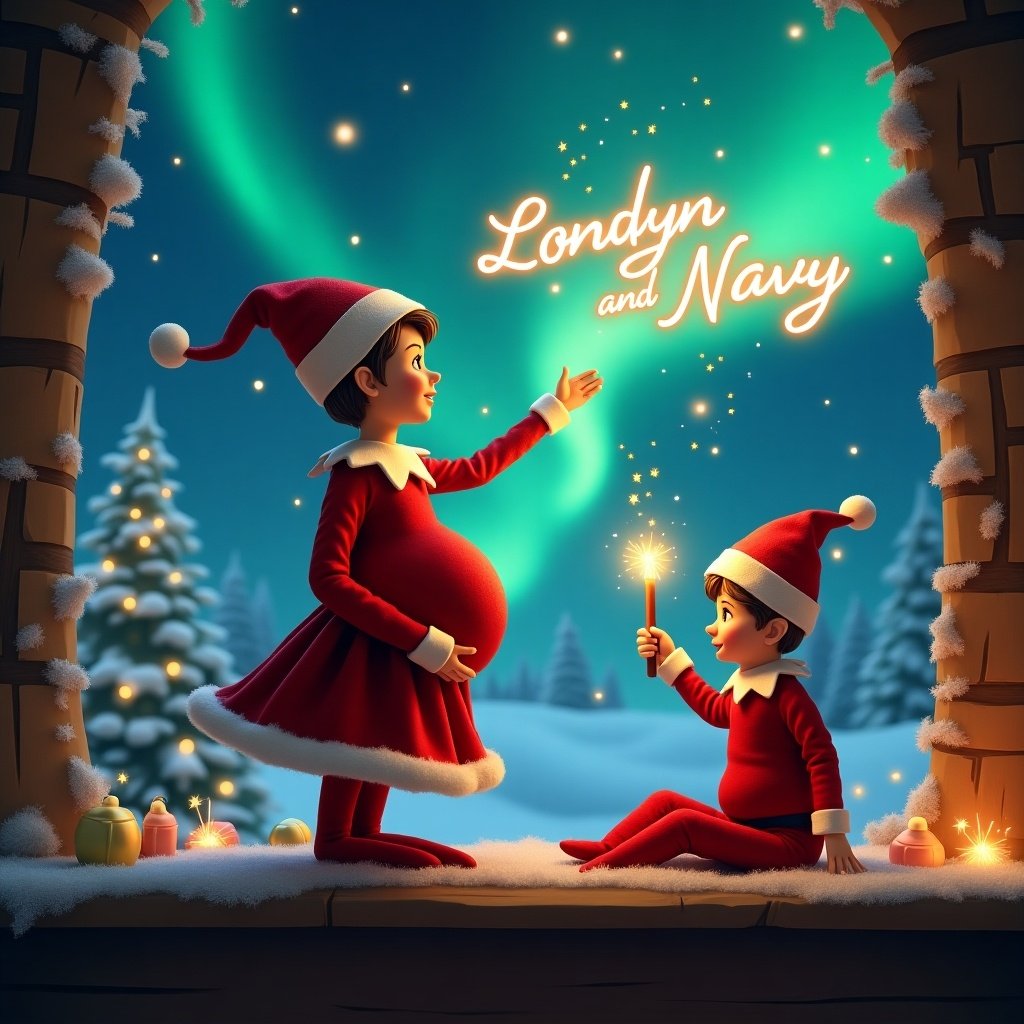 Enchanting Christmas scene features a red elf in a skirt with a pregnant belly. Elf faces the sky with her back to the viewer. Her brother elf smiles next to her. Elf wields a magic wand, writing 'Londyn and Navy' in glowing script above. Vibrant northern lights create a magical ambiance. Scene captures the spirit of Christmas with a whimsical twist.