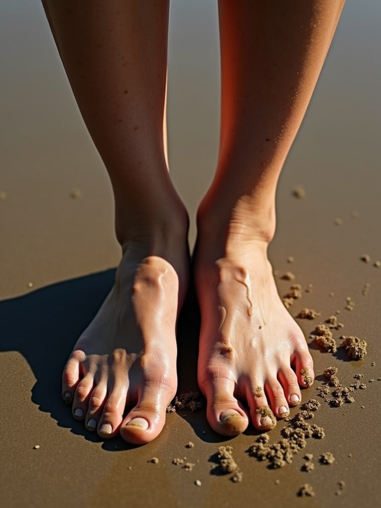 Photograph of two dirty bare feet on the sand. Sun shines on the feet. Close-up angle shows details. Sand visible on the toes and soles. Warm sunlight illuminates the scene.