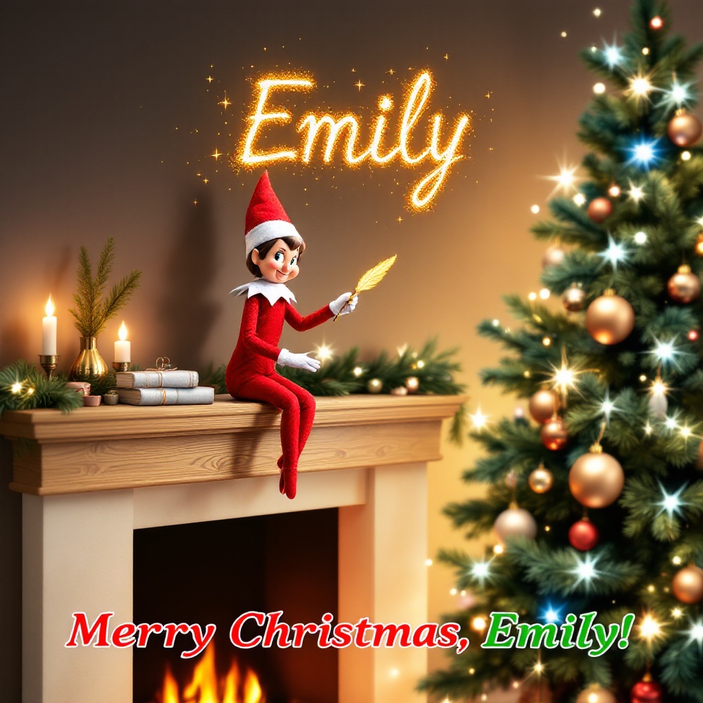 This image features a cheerful Christmas card design. It showcases a mischievous Elf on the Shelf sitting on a wooden mantle. The elf, dressed in red, holds a golden quill while writing the name 'Emily' in shimmering stardust. A warm fireplace glows invitingly behind the elf. A beautifully decorated Christmas tree with sparkling fairy lights and ornaments adds to the festive ambiance. The card is completed with the playful text 'Merry Christmas, Emily!' in vibrant red and green at the bottom.