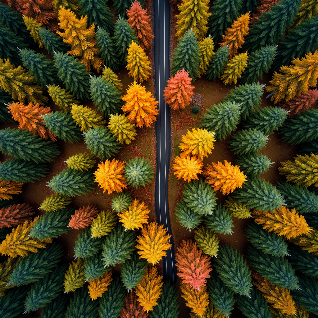 An aerial view of a winding road cutting through a dense forest with trees showcasing vibrant autumn colors ranging from oranges and yellows to greens.