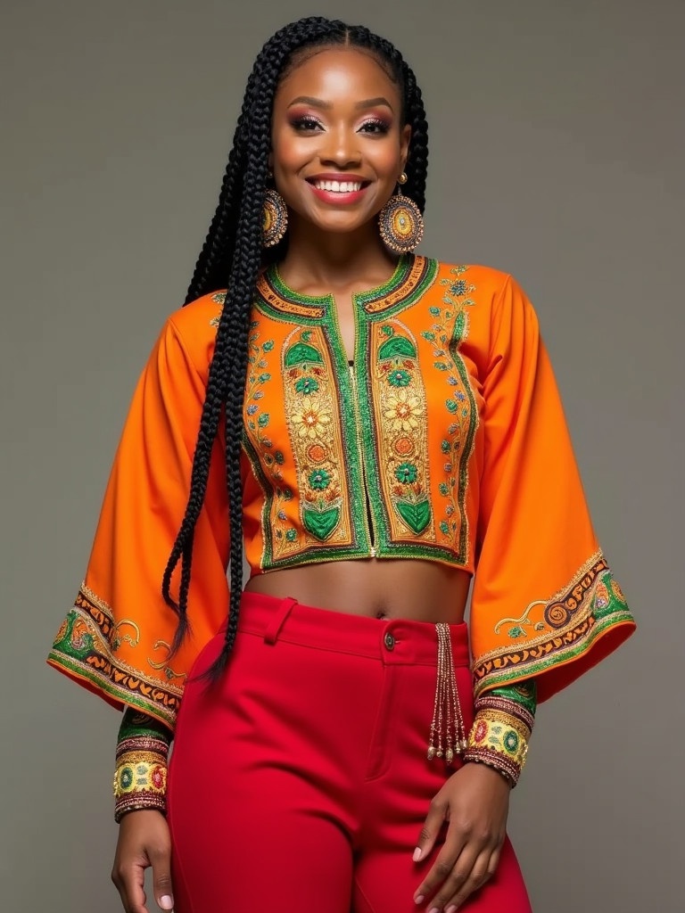 Image showcases a woman in a colorful traditional outfit featuring intricately embroidered orange top paired with red bottoms. Attire adorned with detailed floral patterns and geometric designs. Statement jewelry includes earrings and bracelets. Braided hairstyle evokes festive joy.