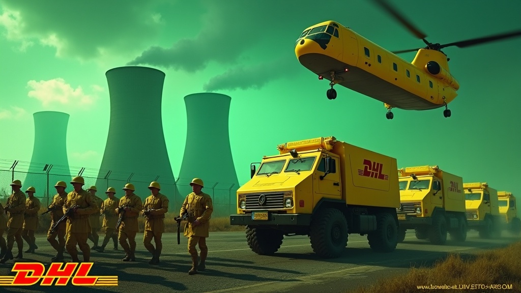 In a dramatic and intense scene, several large yellow armoured cars emblazoned with the DHL logo drive toward a fence. Soldiers in striking yellow uniforms march in unison, rifles in hand. One soldier prominently holds a flag featuring the DHL logo. In the backdrop, towering smokestacks of a nuclear power plant emit a green glow, creating a chilling atmosphere. Above, a large yellow Chinook helicopter hovers, adding to the scene's tension. The overall tone is sharp and evocative, blending themes of logistics and military precision.