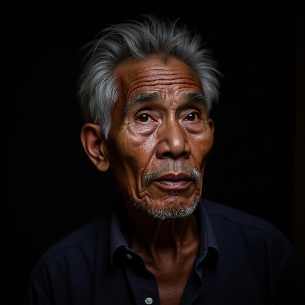 Contemplative elderly Filipino person with expressive wrinkles. Soft lighting on a dark background.