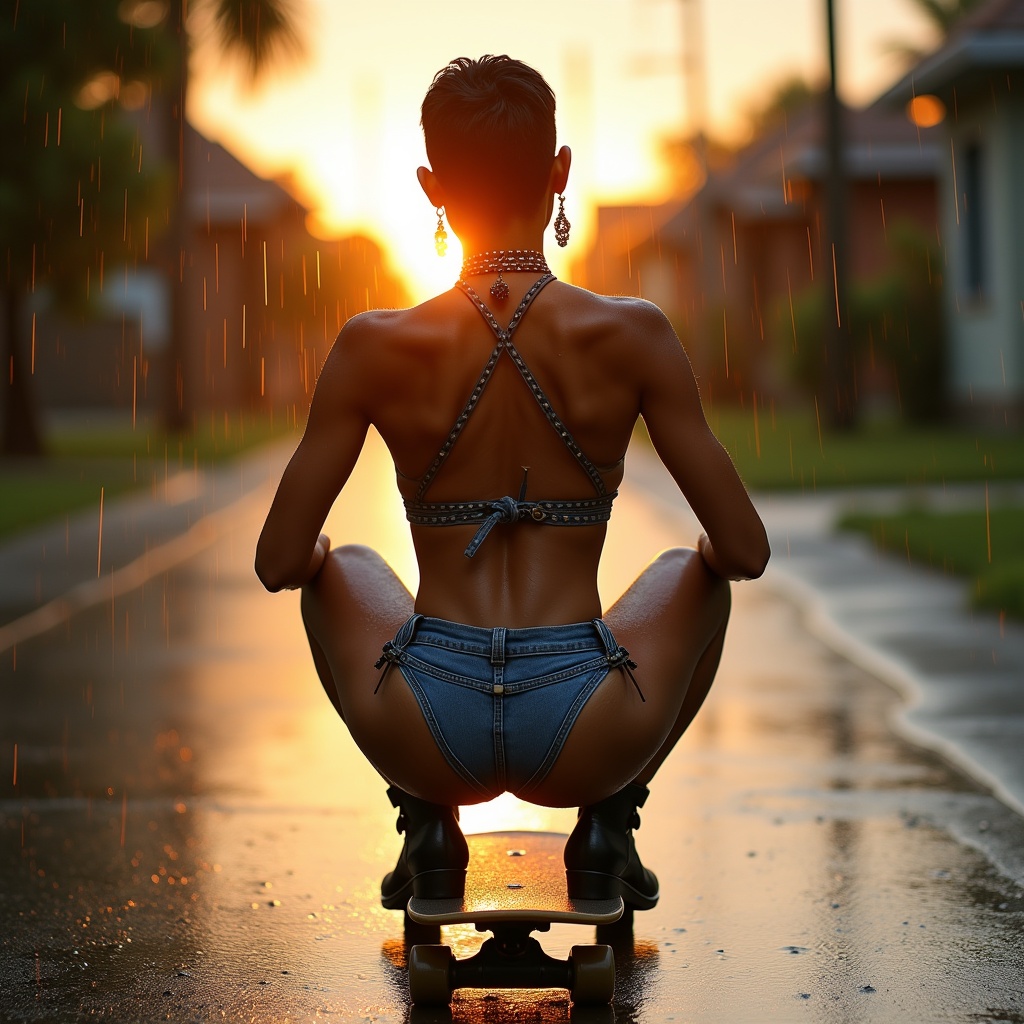 The image depicts a young person with short hair crouching on a skateboard. They are facing away from the viewer, with the sun setting directly in front of them. The scene is enhanced by a light rain, creating a reflective surface on the road. The individual wears a stylish, minimalist outfit consisting of a crop top and denim shorts. They exude a sense of freedom and rebellion, characteristic of the skateboarding culture. The warm glow of the sunset adds a magical quality to the urban setting, highlighting the connection between lifestyle and nature.