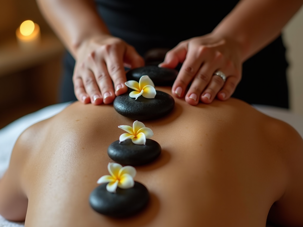 A relaxing spa scene with smooth black stones and plumeria flowers placed on a person's back, while hands gently apply pressure, surrounded by a warm, calming atmosphere.