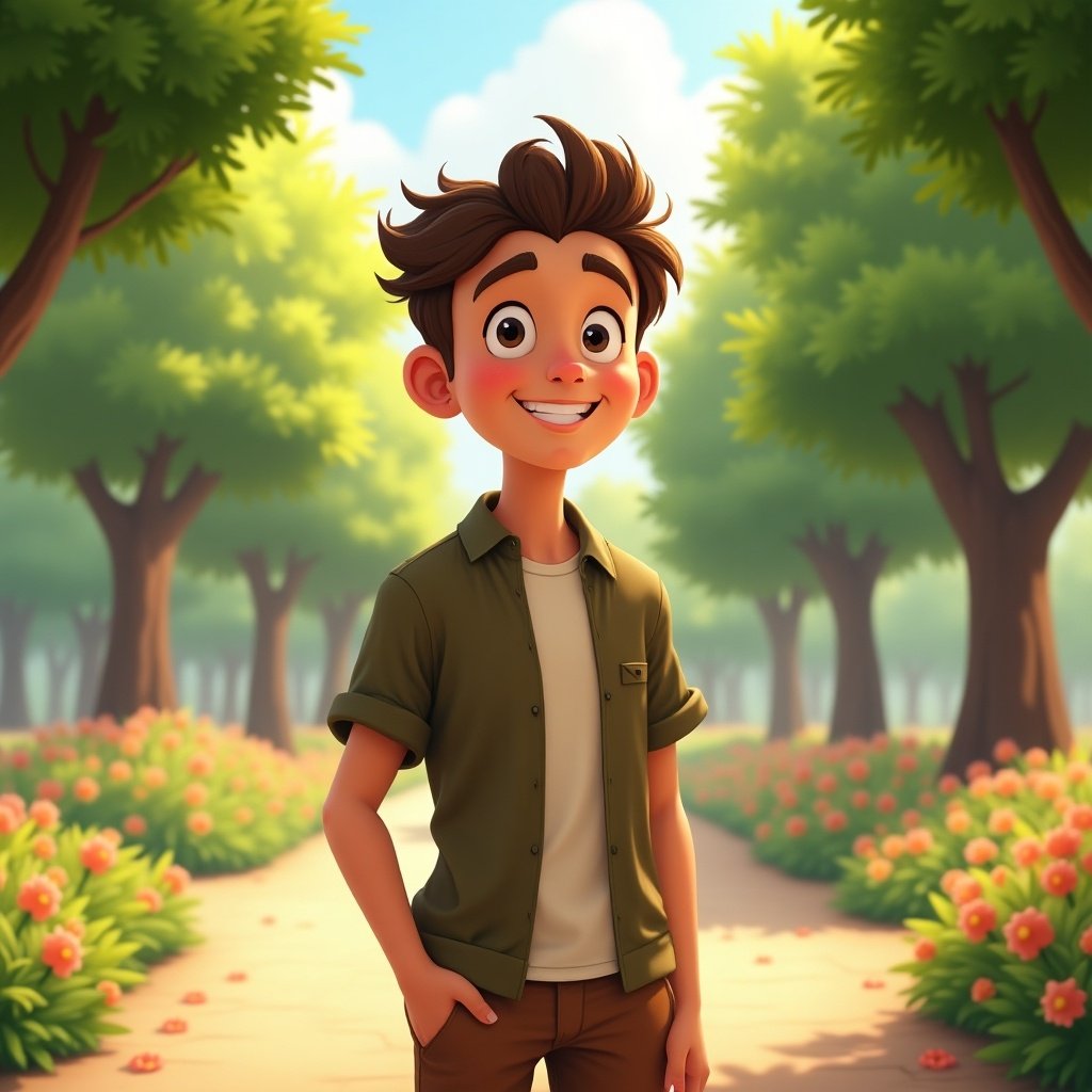 The image features a young animated boy with a cheerful expression standing in a vibrant park. He has messy brown hair and is dressed casually in a green shirt and light tee. The lush greenery surrounds him, with pathways that extend through the trees. Colorful flowers adorn the landscape, enhancing the joyful atmosphere. The lighting is bright and inviting, emphasizing the sunny day perfect for outdoor activities.