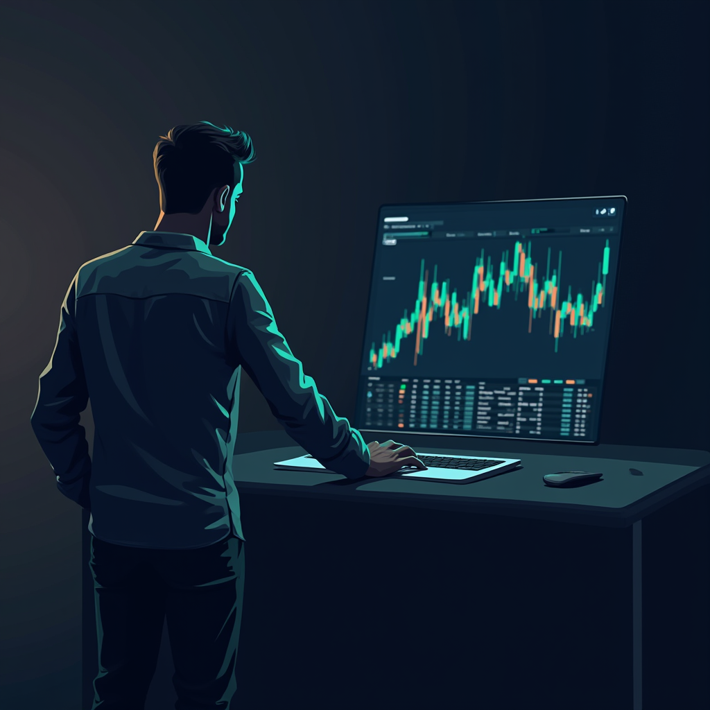 A man studies financial charts on a large computer screen in a dimly lit room.