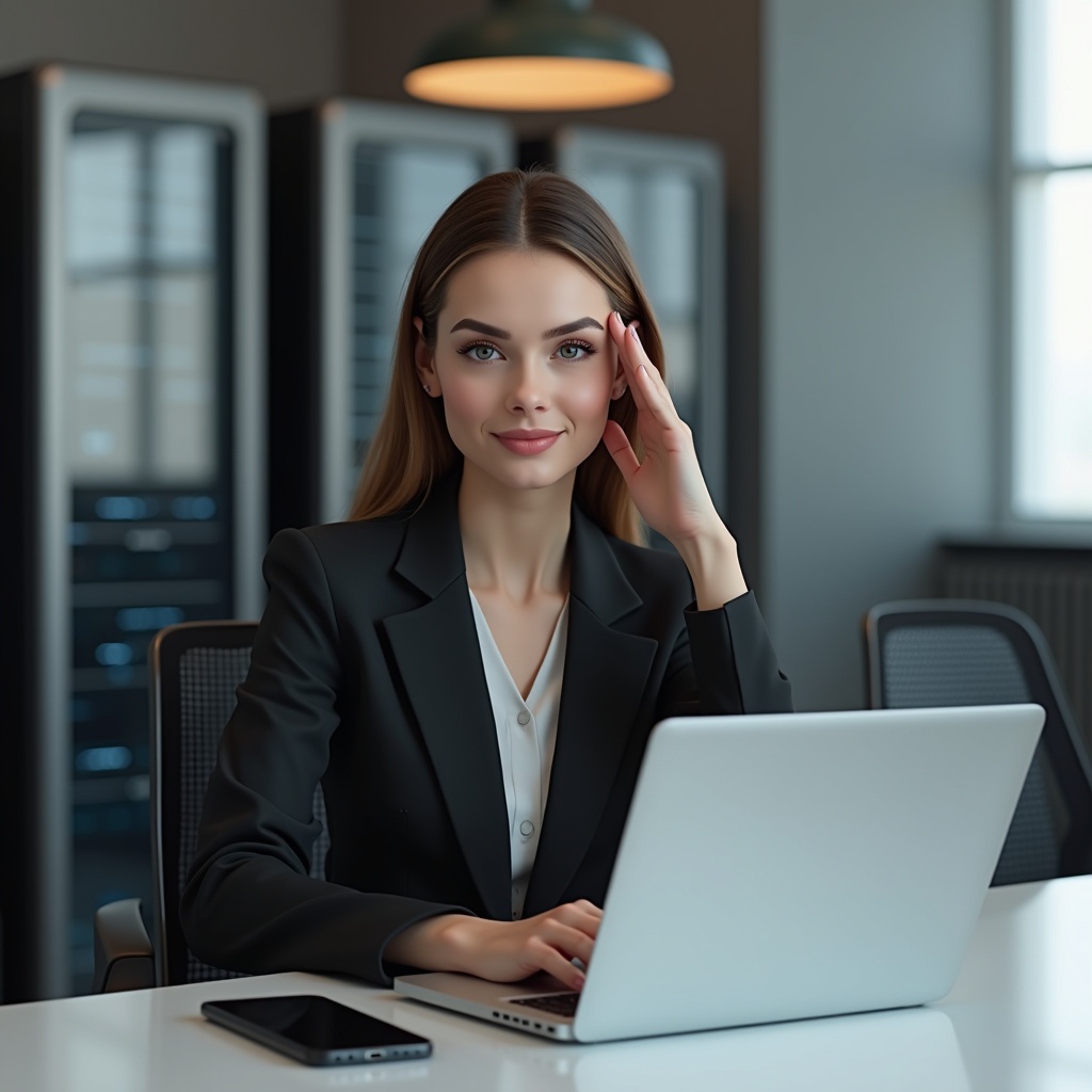 A woman is sitting at a table with a laptop and a phone. She is wearing business clothes and appears professional. The setting is a modern office with a defocused background. The woman has an oval face shape and is greeting someone with her hand on her head. The atmosphere is trending and refined, reflecting a successful career as a lawyer or influencer.