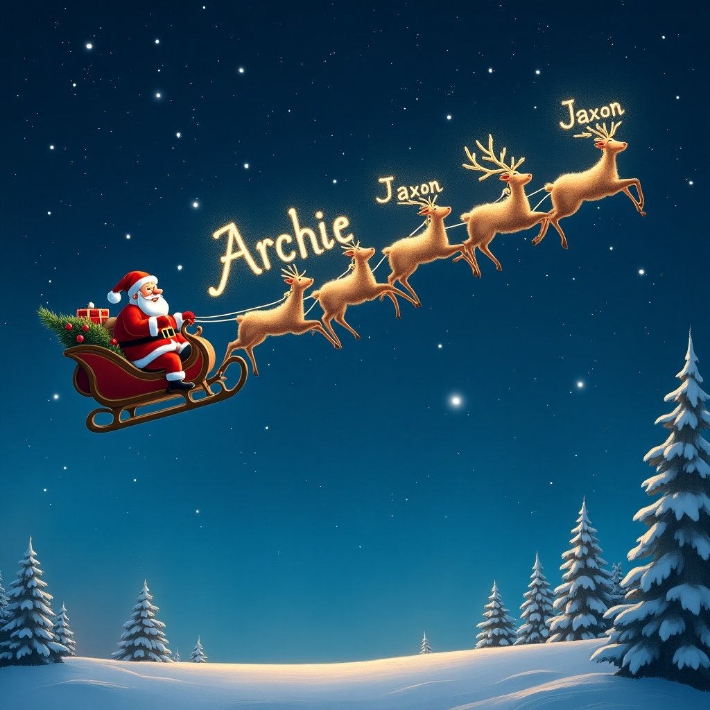 Santa Claus flying in a sleigh with reindeer. Names are written in the night sky. Snow-covered trees are visible below. Magical and festive atmosphere.