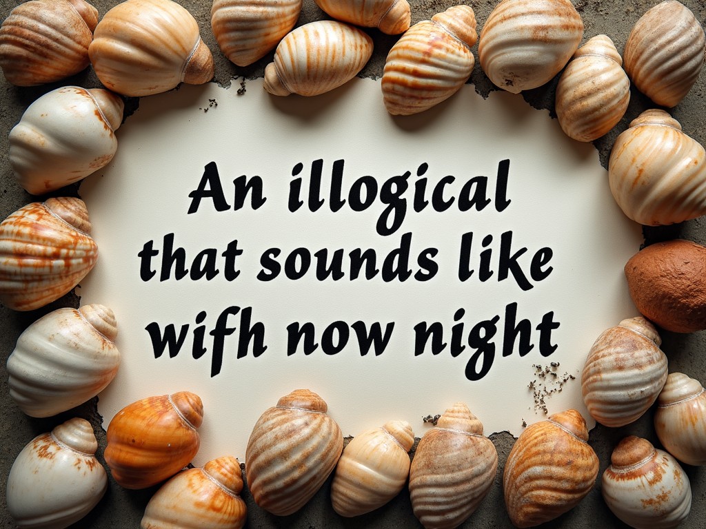 An unusual phrase is displayed prominently in stylized font in the center of the image. The background is adorned with various whelk shells artistically arranged around the text. Each shell has a unique pattern, adding a natural and tactile quality. The overall color palette includes calming beige and orange tones. The lighting is soft and natural, effectively highlighting the textures of the shells and the printed text.