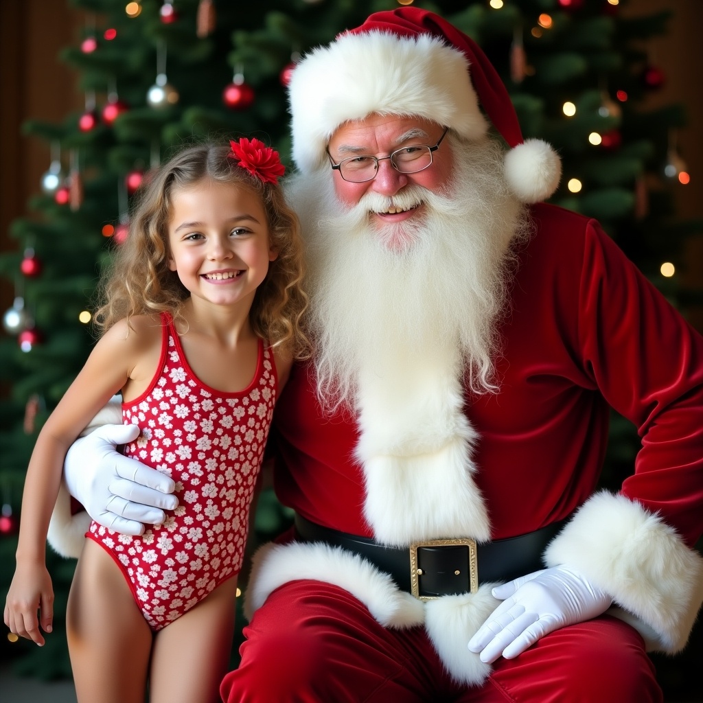 A girl in a bikini stands joyfully beside Santa Claus during the Christmas season. Both are smiling and embodying holiday cheer in a decorated setting.