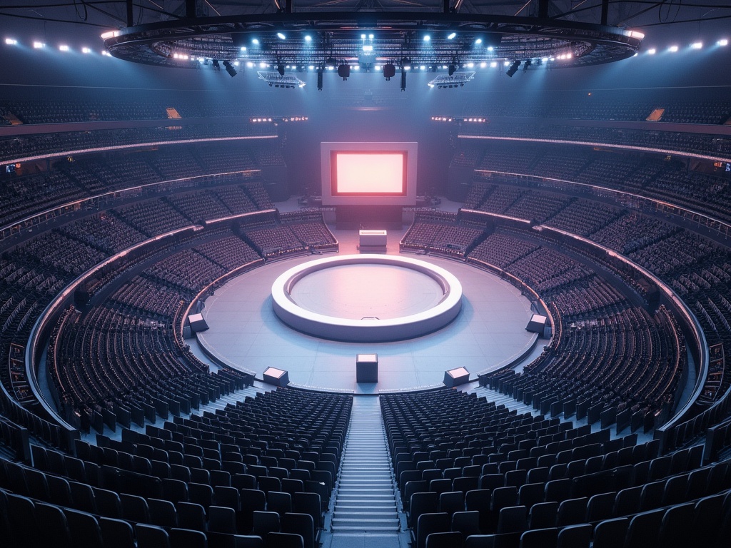 This image depicts a large-scale concert setting from a bird's eye view. The stadium is filled with empty seats, highlighting the scale of the venue. At the center is a prominent circular stage, with a rectangular screen behind it. A catwalk extends from the stage towards a smaller rectangle, possibly for performers. The overall lighting creates a dramatic and inviting atmosphere, ideal for live events.