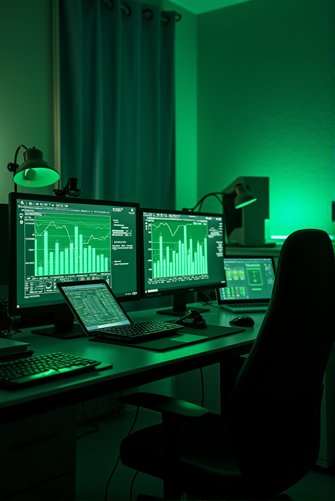 A dimly lit room with multiple screens displaying data graphs and analytics, all illuminated in a green hue.