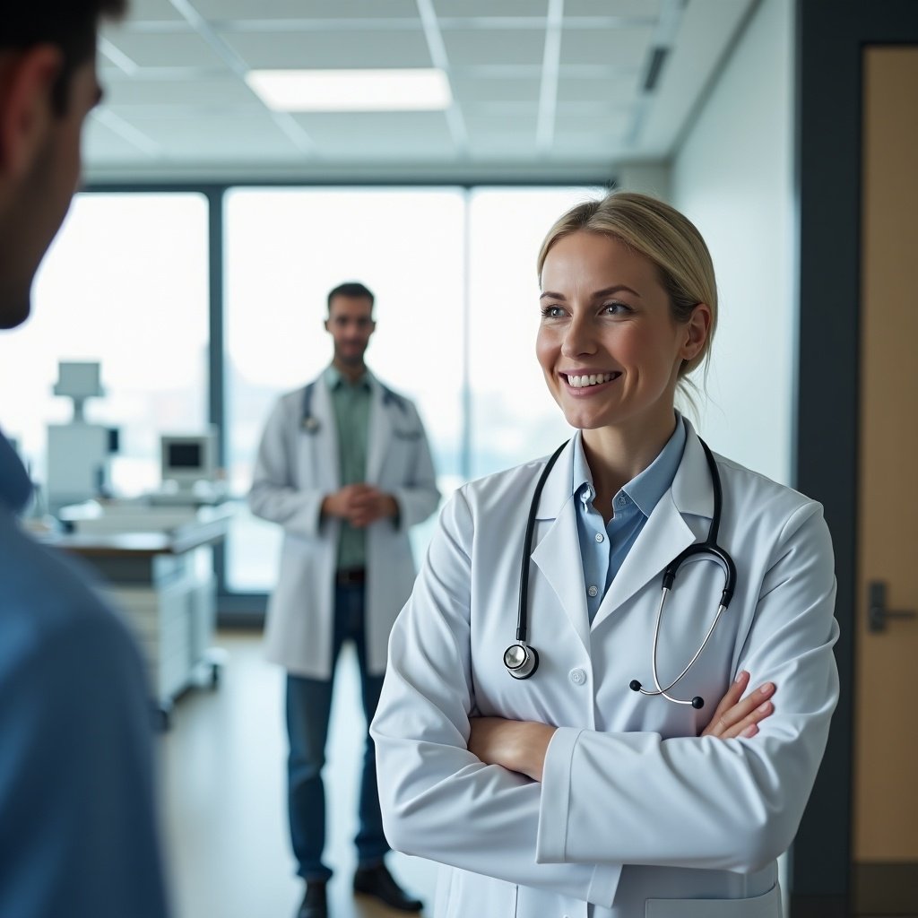 The image showcases a confident, smiling female doctor in a white coat and stethoscope, engaging with a patient in a bright exam room. She exudes professionalism and care, standing out as a figure of comfort and support within the modern clinic environment. The background features clinical equipment and large windows, enhancing the welcoming atmosphere. A shadowy figure representing artificial intelligence looms subtly in the background, symbolizing the integration of technology in healthcare. The overall composition highlights the importance of trust and communication in patient care.