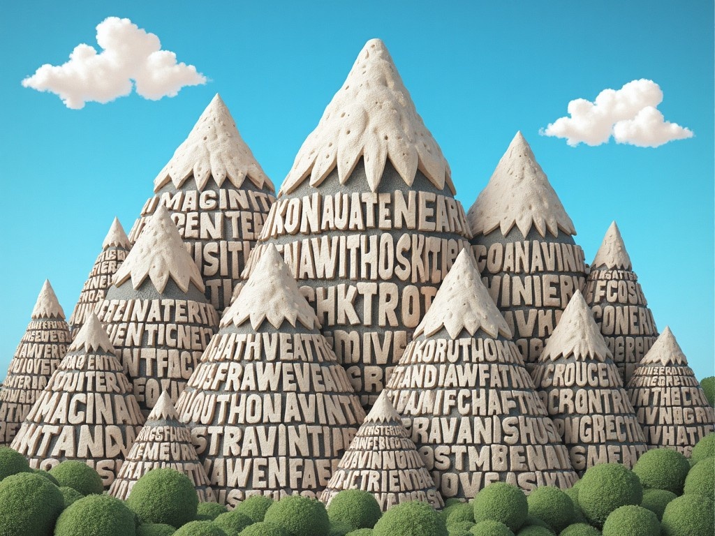 This image depicts imaginative mountain landscapes formed by text. The mountains have a textured appearance, resembling stone or earth covered in written words. They rise pointedly against a bright blue sky dotted with fluffy white clouds. The overall scene evokes a blend of creativity and nature, inviting viewers to explore the concept of knowledge and imagination. Lush green shrubs sit at the base of the mountains, enhancing the vibrant look of the artwork. This unique composition serves as a metaphor for the importance of words and ideas in shaping our world.