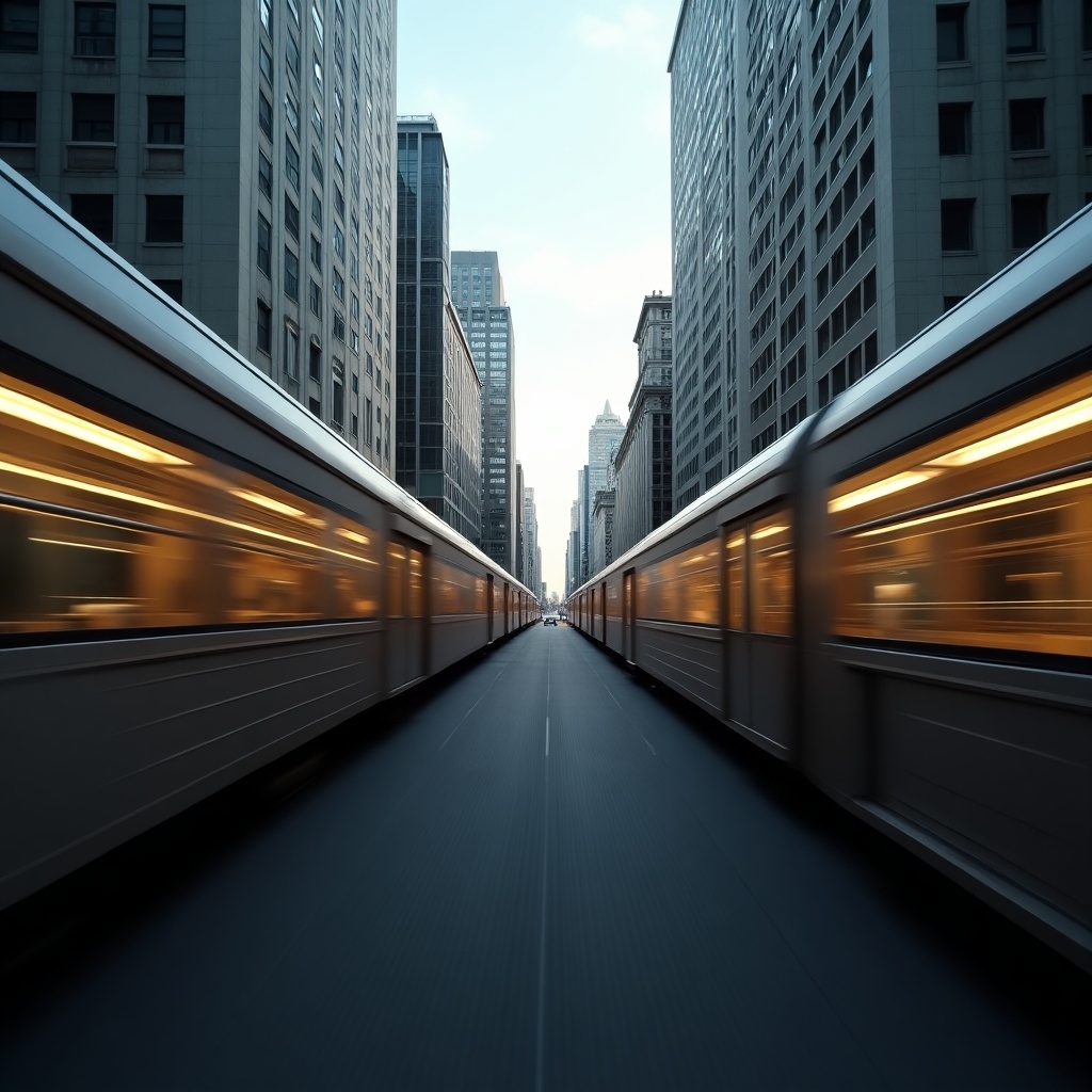 A dynamic view capturing the motion of a train speeding through a cityscape of tall buildings. The scene features train cars rushing past, creating a sense of speed. Tall skyscrapers line both sides of the road, emphasizing the urban environment. The lighting is soft and natural, giving the image a cool feel. This composition highlights the intersection of modern architecture and public transportation.