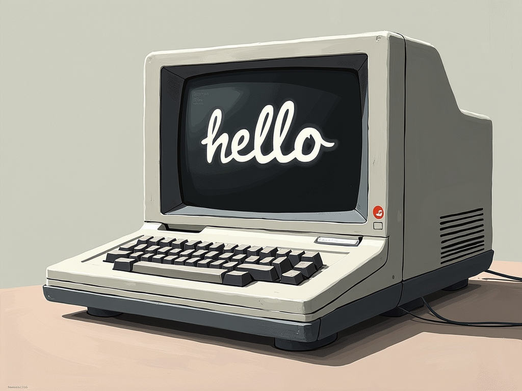 A vintage computer with a CRT monitor displays the word 'hello' in cursive on its screen.