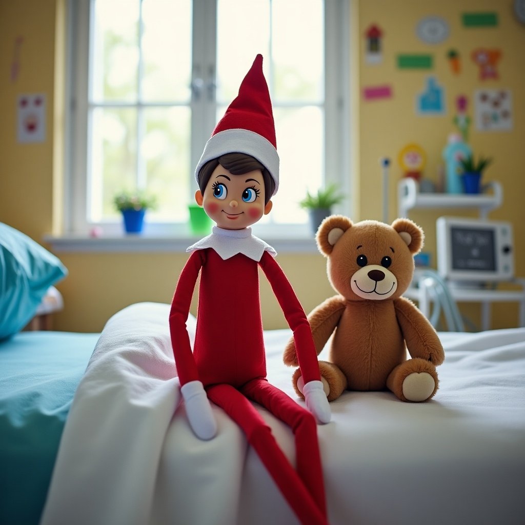 Elf on the Shelf doll sitting with a teddy bear in a hospital room. Soft natural light enters through the window. The setting is cheerful and colorful.