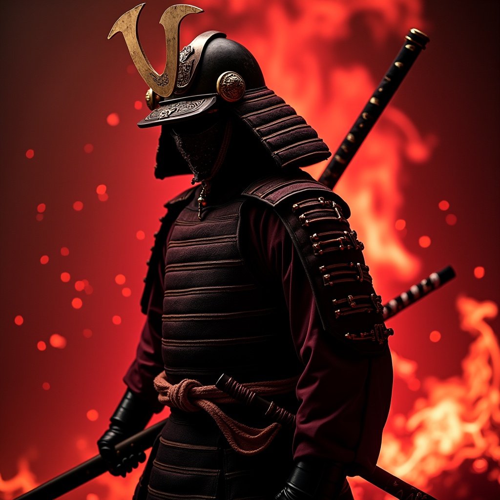 Samurai wearing full face covering helmet. Holding katana halfway through cover. Red fire behind samurai with only red particles visible.