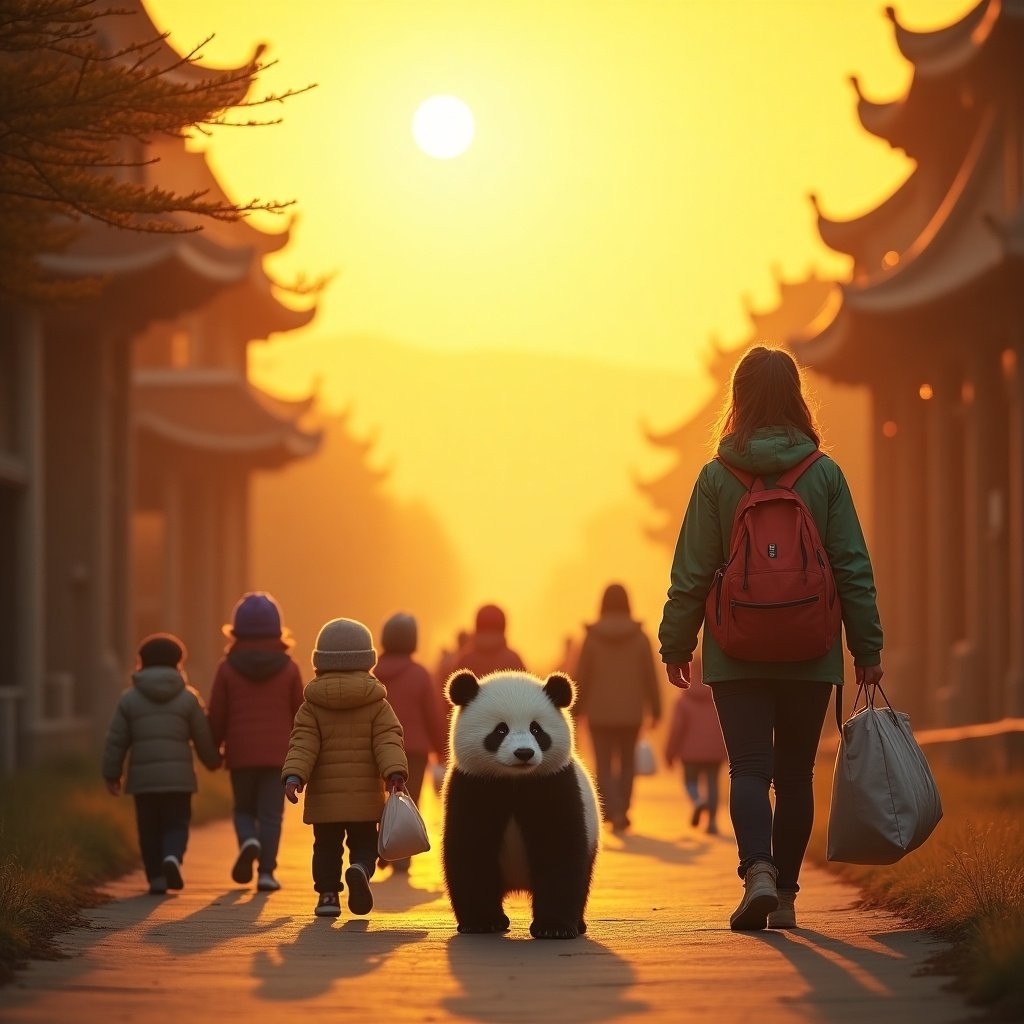 Image depicts a cute Chinese panda standing in front with Anren Ancient Town behind it and Sanxingdui cultural relics nearby. An outdoor instructor leads a parent-child group of 20 people. They carry bags and smile under the warm sunlight. The scene feels harmonious and hopeful.