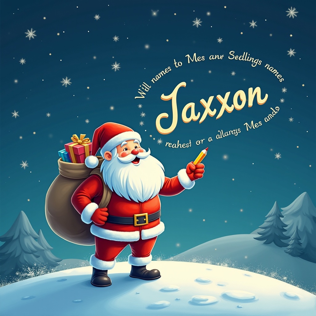 Santa Claus standing on snowy hill. Starry night background. Writing names in the sky. Dressed in classic red and white. Large sack of gifts on his back. Name 'Jaxxon' displayed in whimsical font.