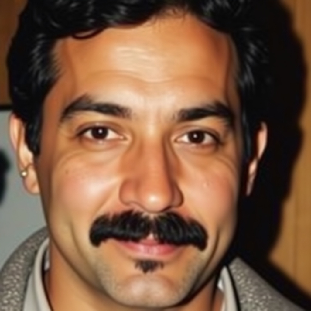 The image shows a close-up of a man's face with a thick mustache and dark hair. His expression appears neutral as he looks into the camera. The background is not visible, suggesting the image may have been cropped. The lighting casts soft shadows on his face, giving a warm tone. The photograph has a slightly vintage or grainy quality, indicating it may have been taken some time ago.