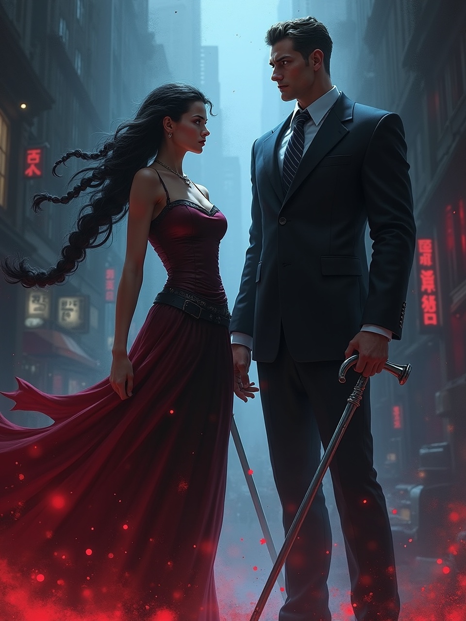 The image shows a dramatic scene of a man and a woman standing in a dimly lit urban setting, surrounded by neon lights. The woman, dressed in a flowing red dress, faces a man in a suit holding a sword. Their intense interaction is heightened by the misty atmosphere and the vibrant glow from the background.