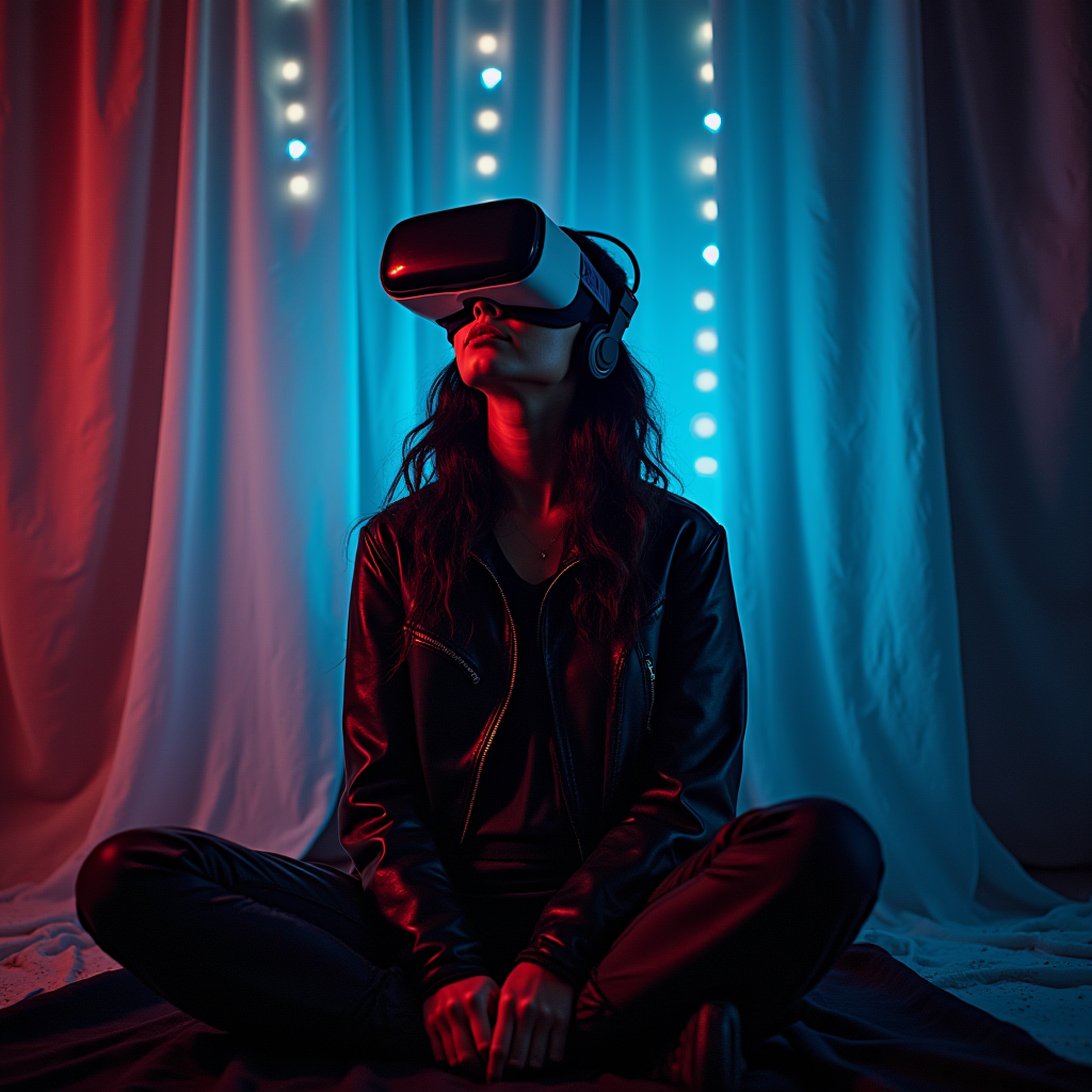 A person sits cross-legged wearing a VR headset under red and blue lighting.