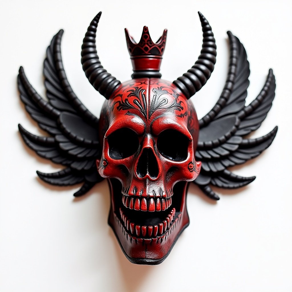 Complete design of ancient Aztec voodoo skull candy statue. The skull has horns, wings, and a crown. It is painted in black and red chrome clay. The background is white.