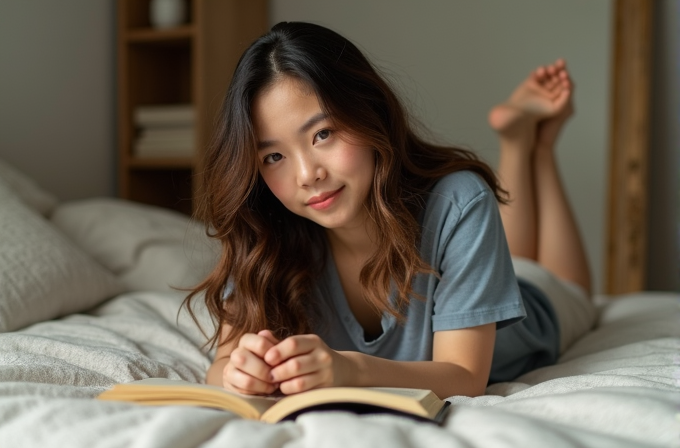 A young woman is lying on a bed, relaxed and holding a book.