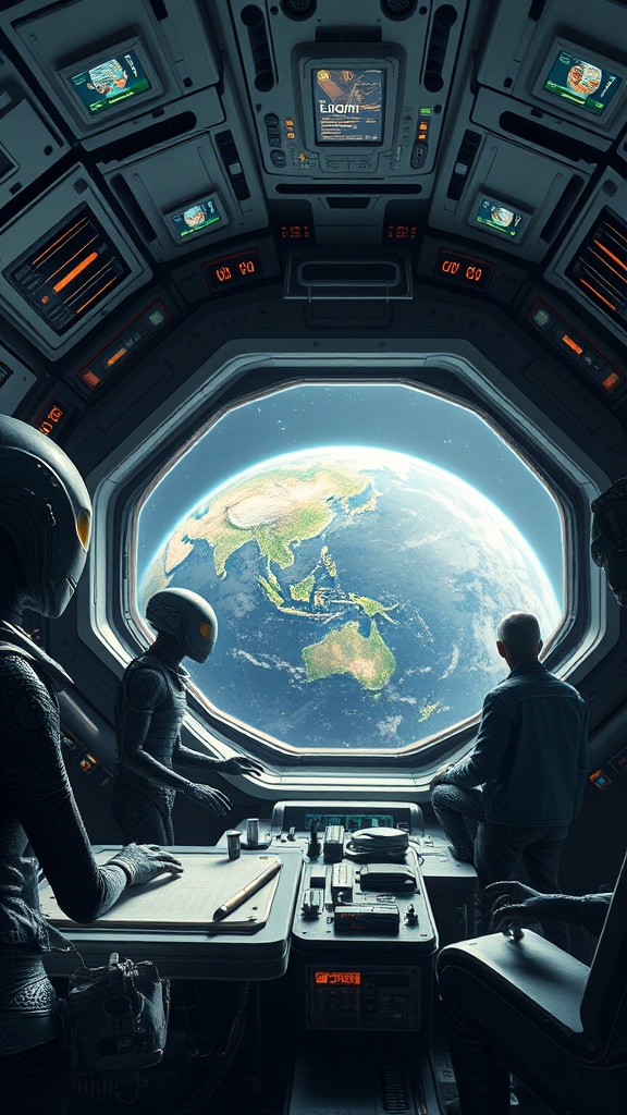 Inside a futuristic spacecraft, a diverse group of figures gazes through a large window at Earth, suspended in the blackness of space. The intricate control panel is filled with various screens and technological gadgets, suggesting advanced engineering. The scene evokes a sense of wonderment and exploration, highlighting our planet's beauty from a cosmic perspective.