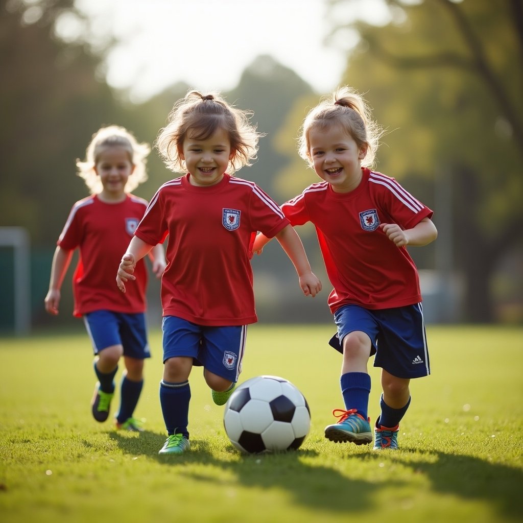 Toddlers playing football in football kits. Kids look happy while running and playing together on a grassy field with a soccer ball.