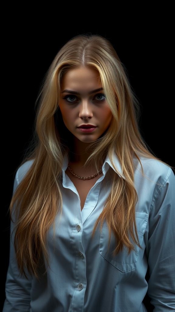 A young woman with long blonde hair wearing a white blouse against a dark background.