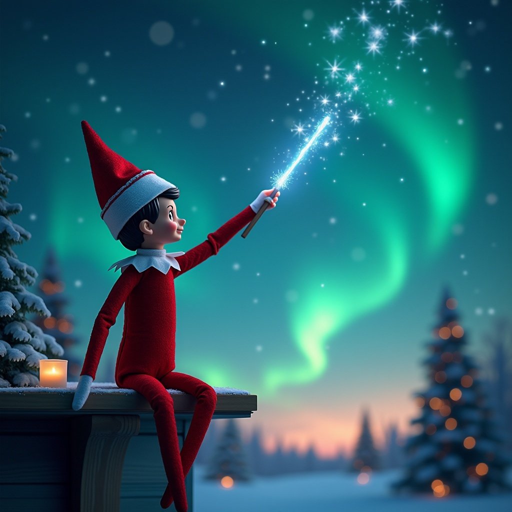 An elf on the shelf points a wand at the sky. The elf has a red outfit and a cheerful demeanor. The background features northern lights dazzling in the sky. Santa is depicted subtly in the scene. It’s a magical Christmas setting.