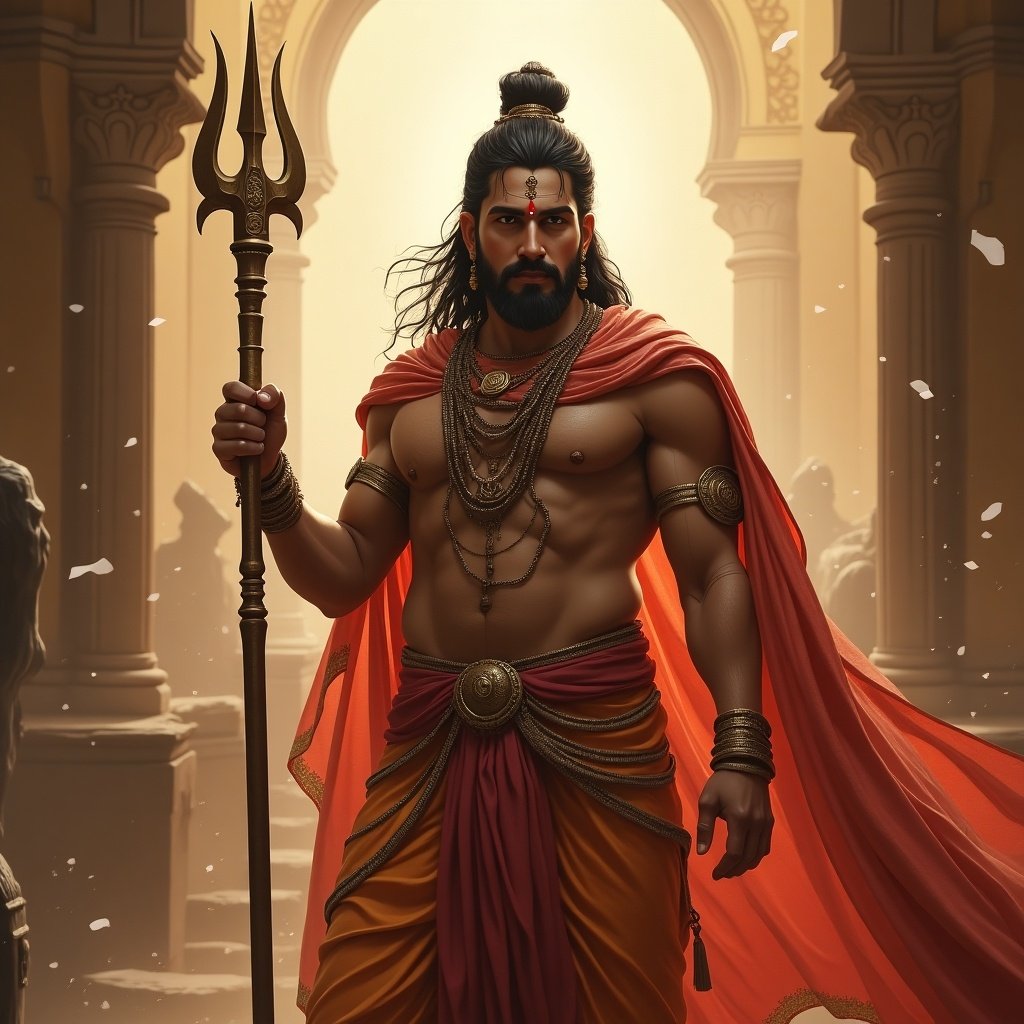 Depiction of a divine warrior figure using a trident, adorned in traditional attire, set against a grand historical backdrop.