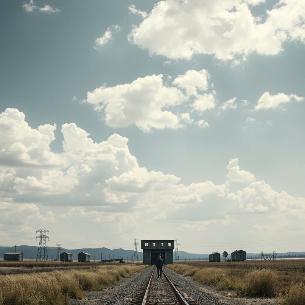 A solitary figure walks down a straight, deserted railway track towards a distant building, surrounded by open fields and a sky filled with scattered clouds.