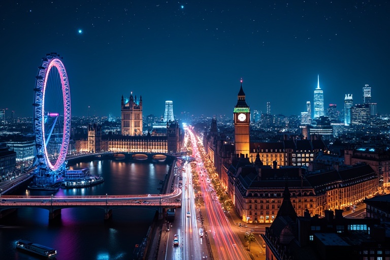 London city skyline during night time. Features London Eye and Big Ben. Bright lights illuminate the buildings. Stars can be seen above the city. Wireless connection theme suggested through the bright city lights.