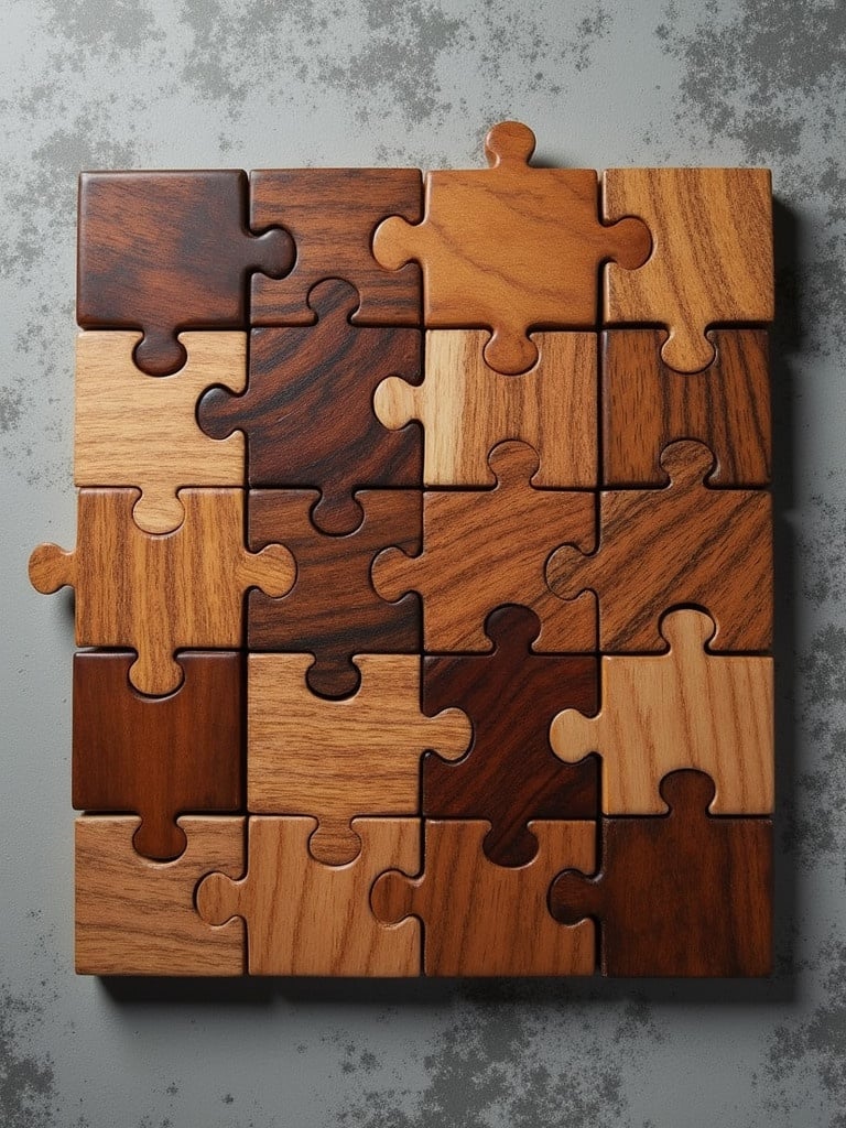 Tangram puzzle composed of various pieces crafted from exotic wood. Display against a textured background. Asian aesthetic with intricate design. Captured from top-down perspective to highlight puzzle layout.