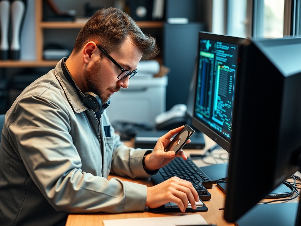 A man working at a computer desk with multiple screens that display coding and technology interfaces. He's holding a hard drive, indicating data analysis or repair work. The environment seems professional and tech-focused.