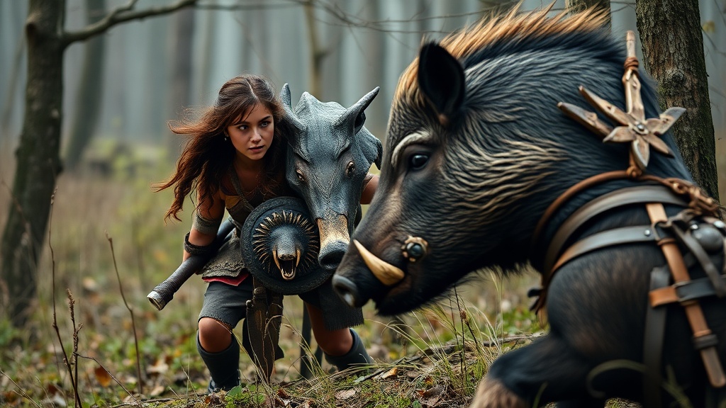 In a misty forest setting, a woman in primitive attire crouches low, wearing an animal headdress and holding a round shield with a boar’s face. She faces a large, armored boar adorned with sharp, shiny implements. The scene is suspenseful, capturing a blend of mythical and adventurous elements with a focus on the tense standoff between the woman and the creature.