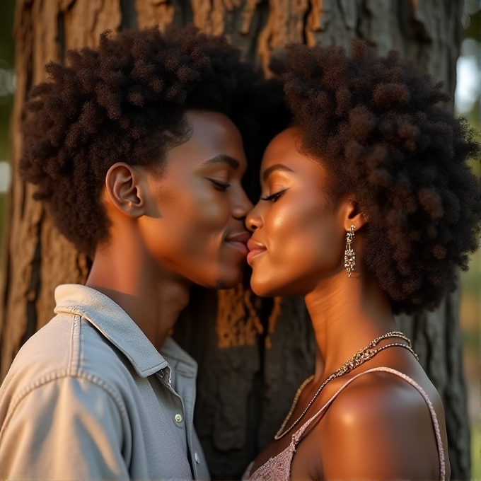 A couple embraces closely with their eyes closed, sharing an intimate moment against a tree.