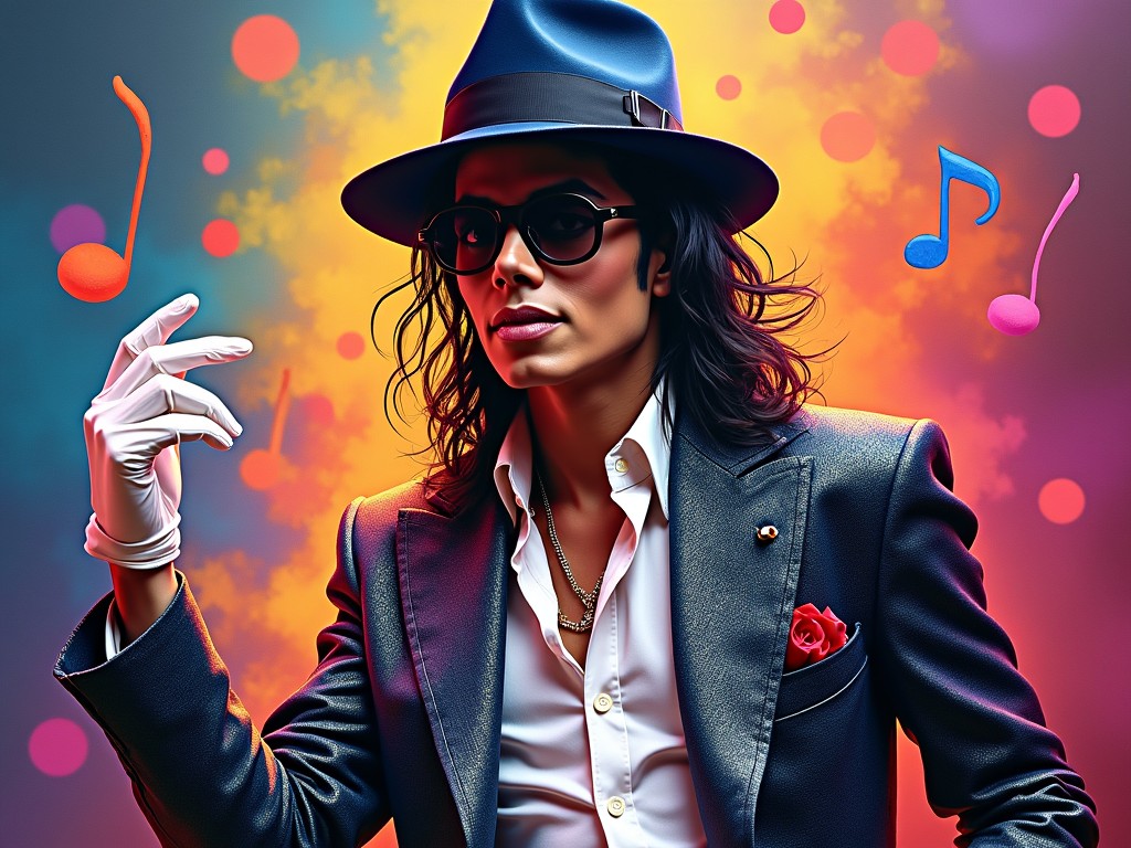 The image features a stylish man embodying the essence of a pop music star. He wears a classic black suit, large sunglasses, and a fashionable hat. The background is filled with vibrant colors and musical notes that emphasize a lively atmosphere. His pose is confident, with one hand elegantly raised. The overall composition evokes a sense of nostalgia and admiration for the music genre.